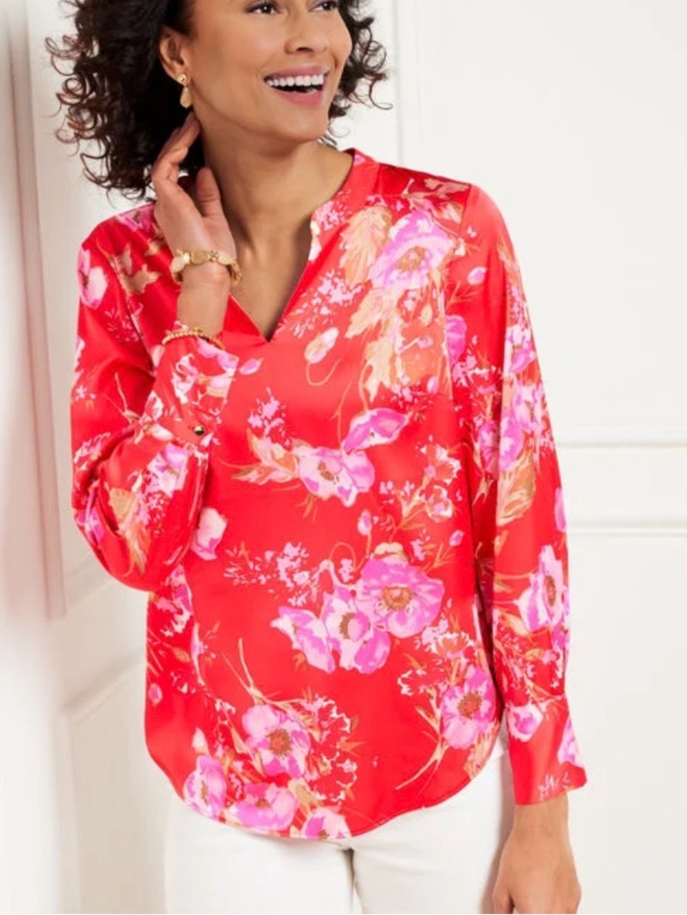 Talbots Soft Satin Charmeuse Watercolor Bouquets Floral Top
